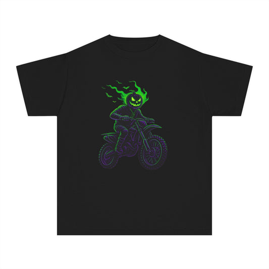 Roost Goblin Biker Youth Tee - Halloween T-Shirt, Trick or Throttle Design, Casual Wear, Unique Gift for Kids, Halloween Party Outfit