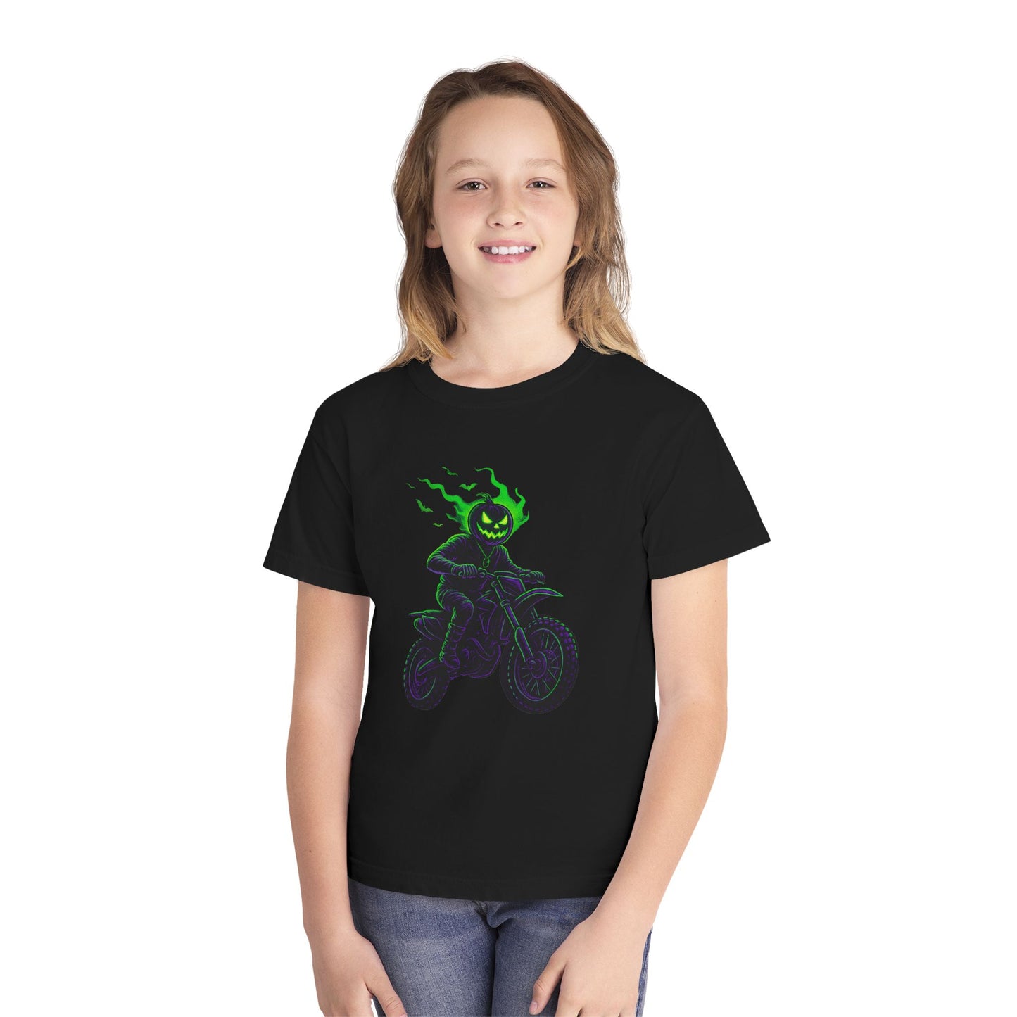 Roost Goblin Biker Youth Tee - Halloween T-Shirt, Trick or Throttle Design, Casual Wear, Unique Gift for Kids, Halloween Party Outfit