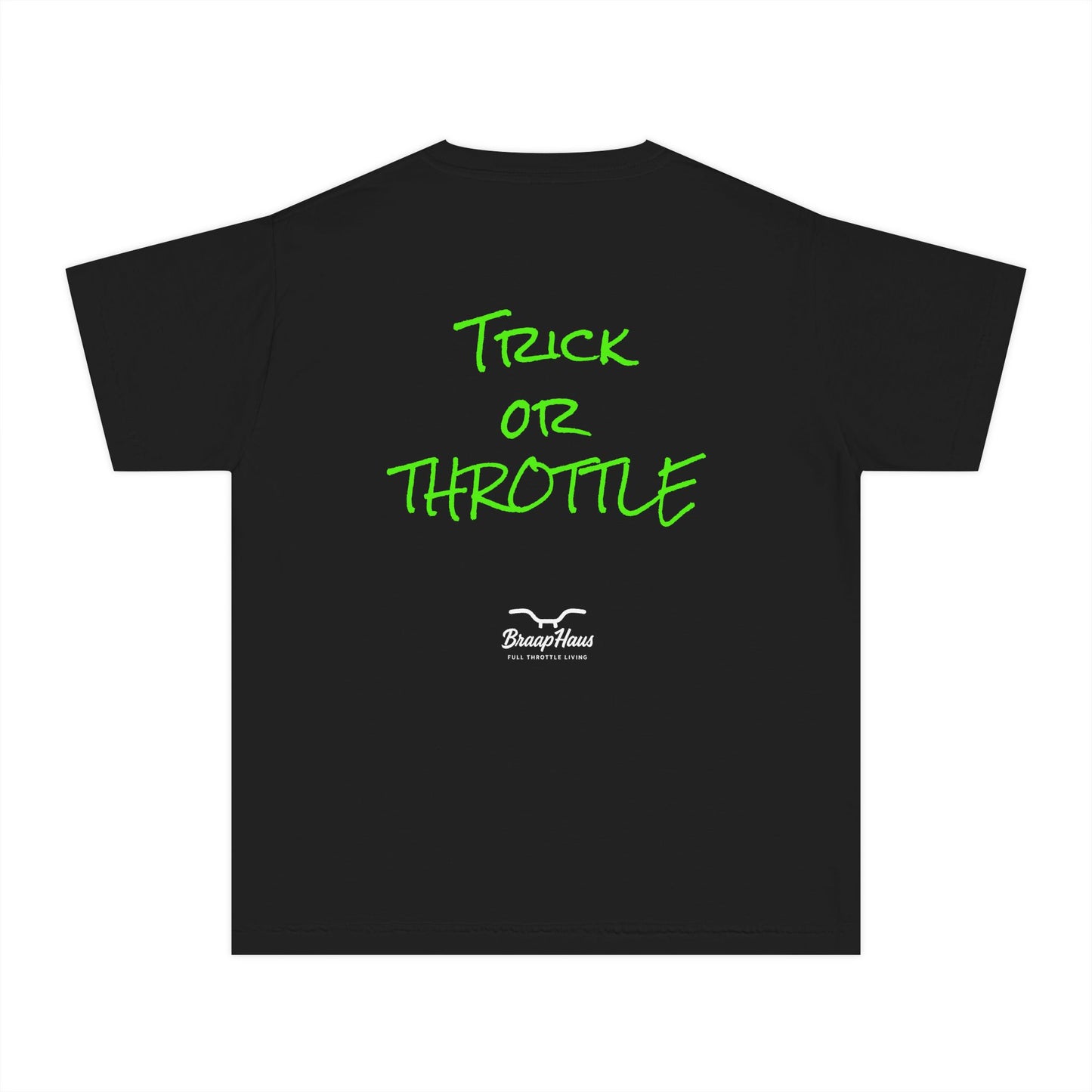 Roost Goblin Biker Youth Tee - Halloween T-Shirt, Trick or Throttle Design, Casual Wear, Unique Gift for Kids, Halloween Party Outfit